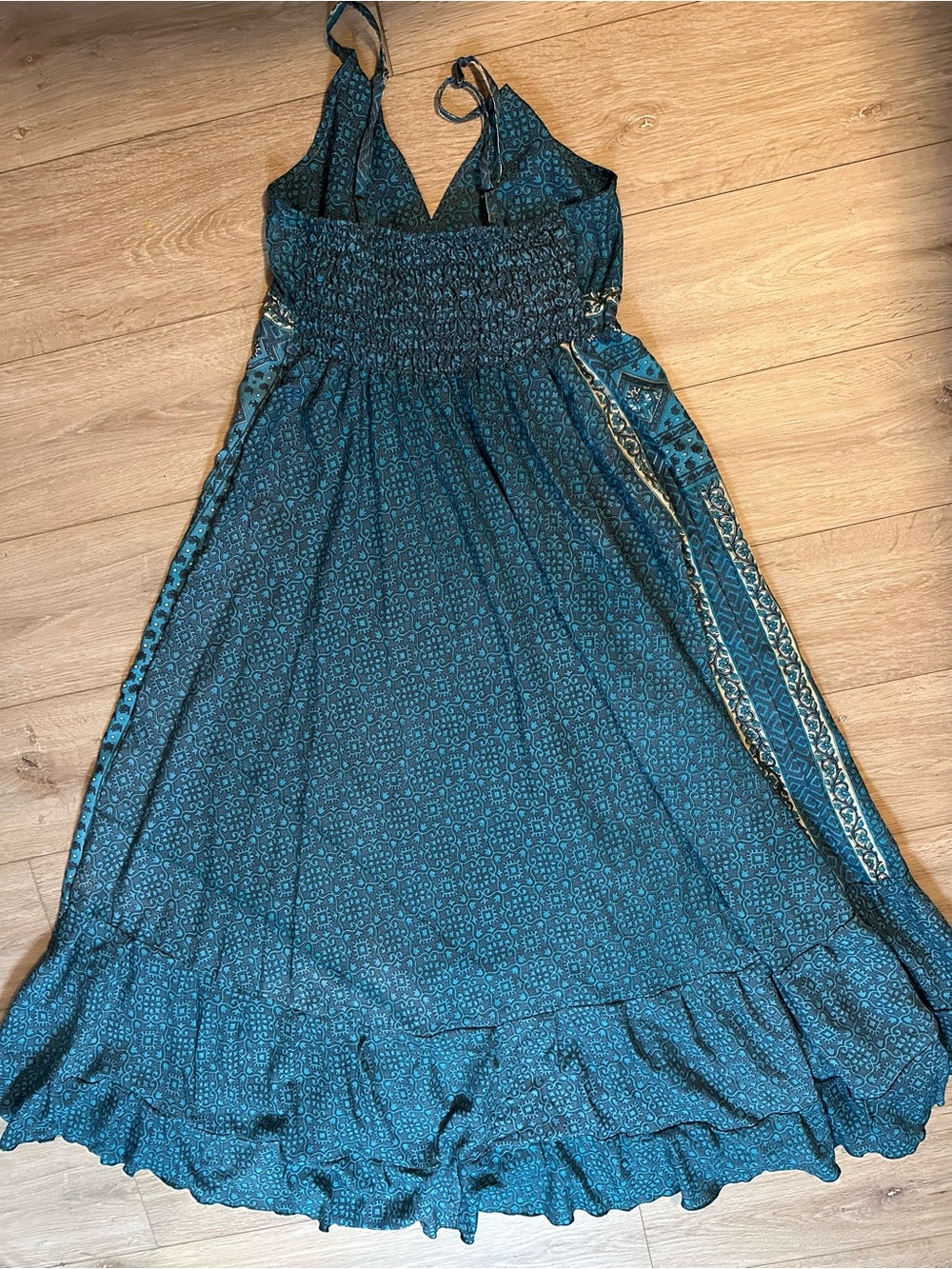 CELINA- Bohemian Teal V-Neck Maxi Dress with Tie Front - Picture 6 of 8